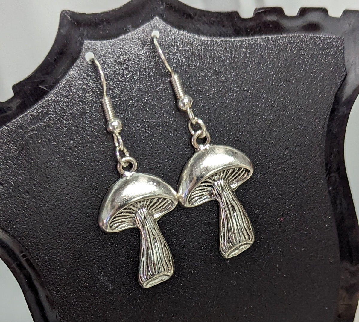 Mushroom Silver Finish Dangling Hook Earrings