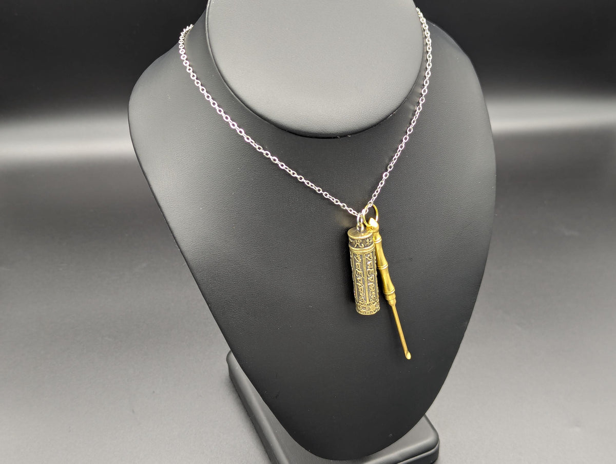 Brass Combo Pick And Mini Spoon Pendant w/ 22" Chain & Brass Jar