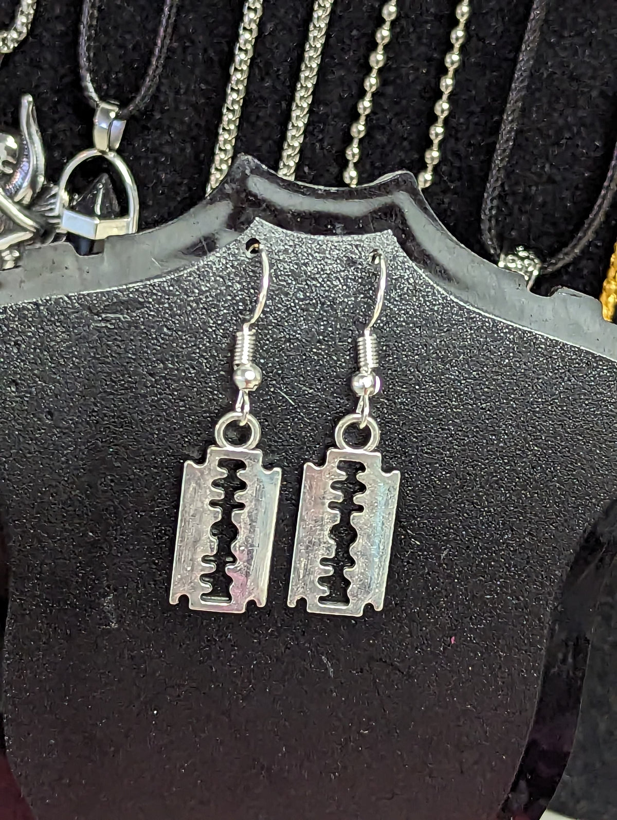 Faux Razor Blade Style Silver Finish Dangling Earring Set