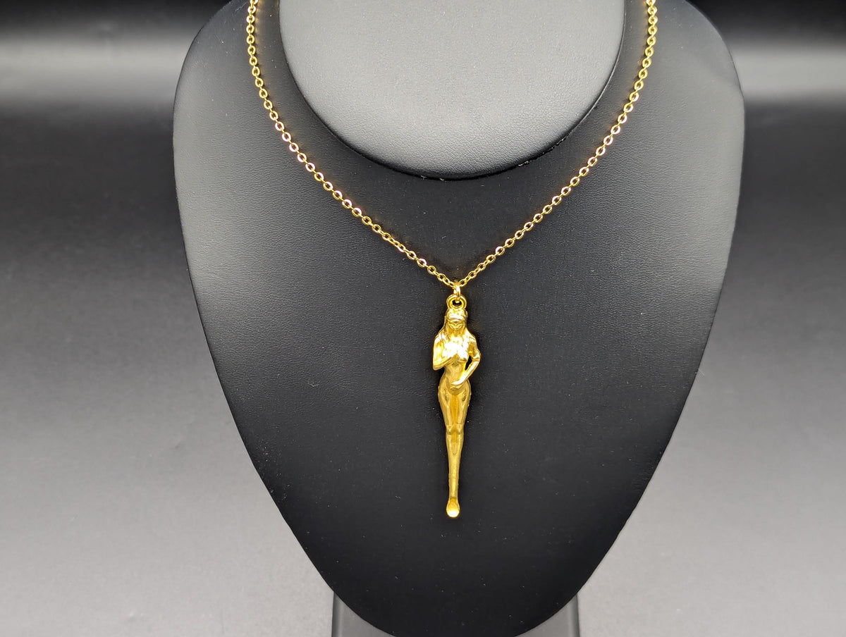 22" Gold Tone Retro Burlesque Risque Nudie Girl Spoon w/ Steel Link EDC Necklace