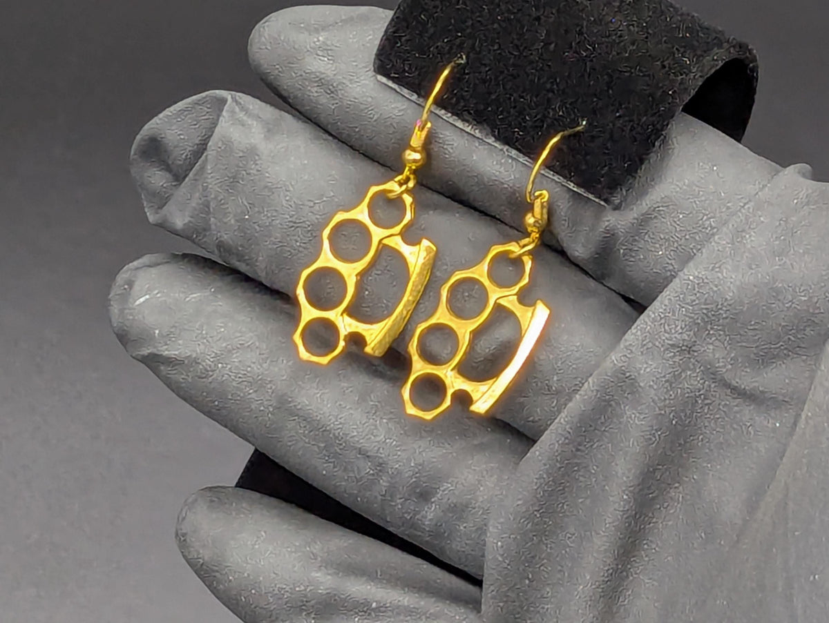 Brass Knuckle Dusters Style Gold Finish Dangling Earring Set