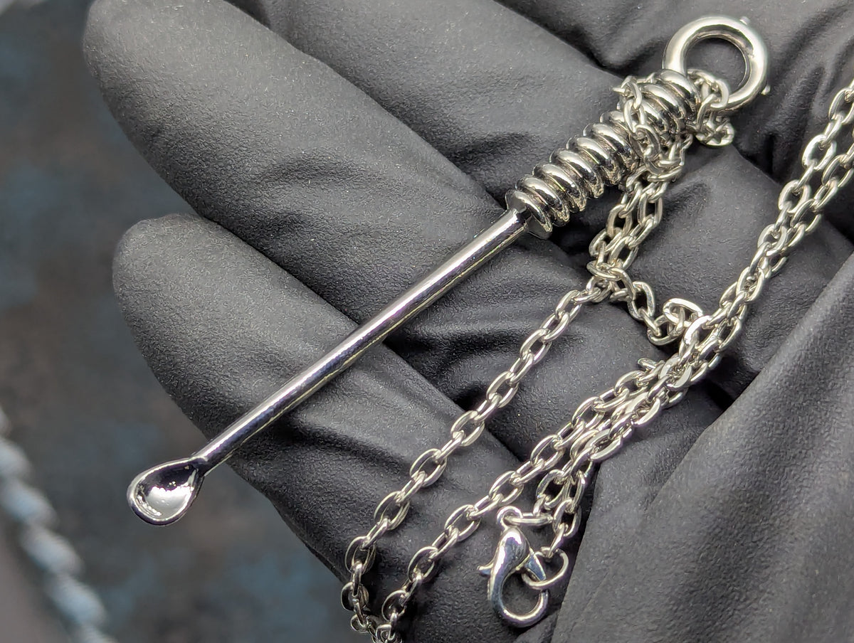 Chromed Toned Mini Spoon Pendant w/ Matching 24" Chain & Ornate Magic Amulet Jar
