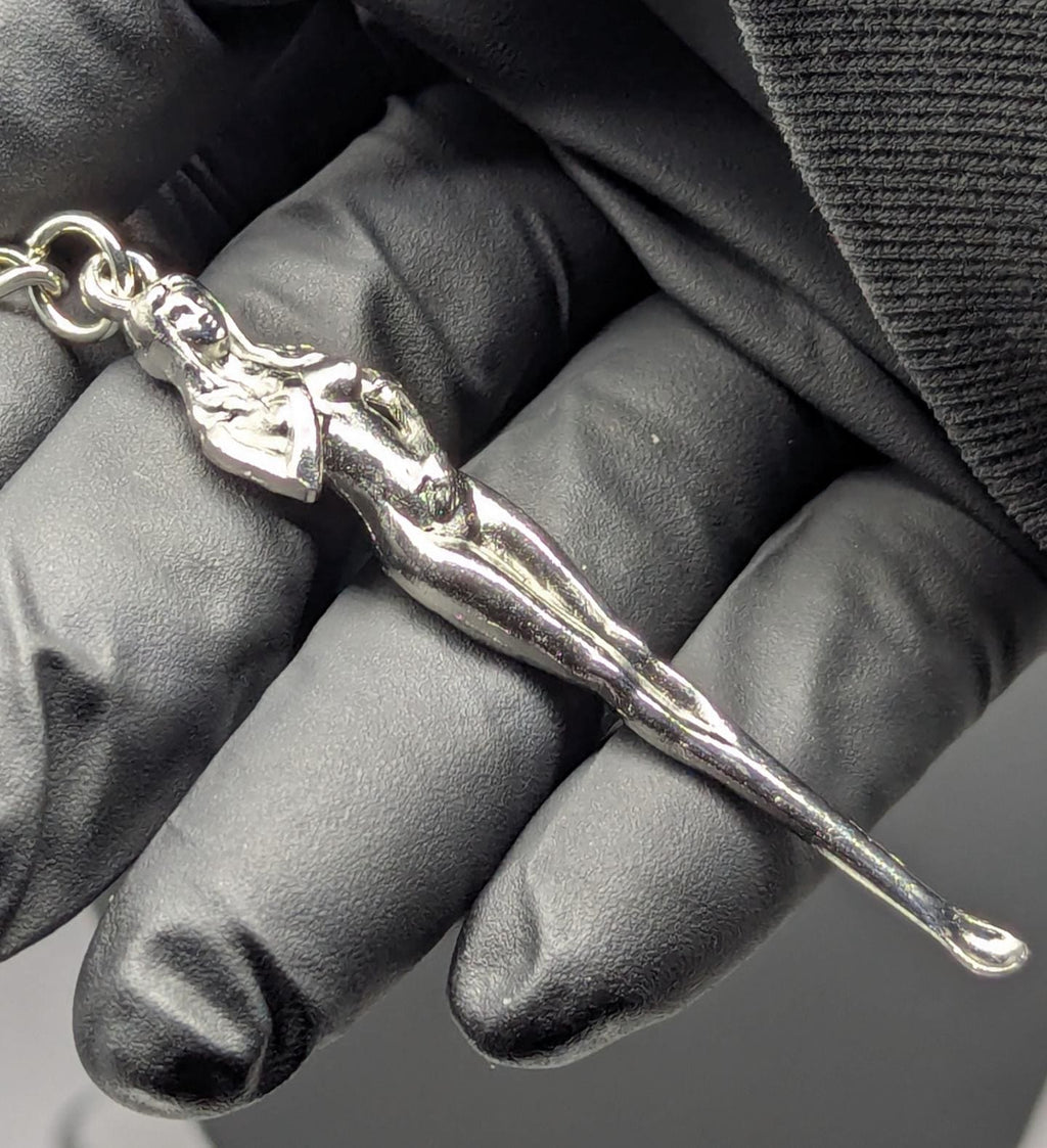 Chrome Silver Finished Alloy Retro Burlesque Risque Nudie Girl Spoon Keyring