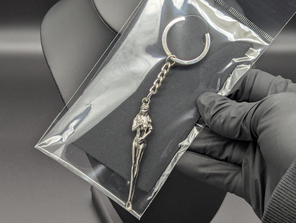 Chrome Silver Finished Alloy Retro Burlesque Risque Nudie Girl Spoon Keyring