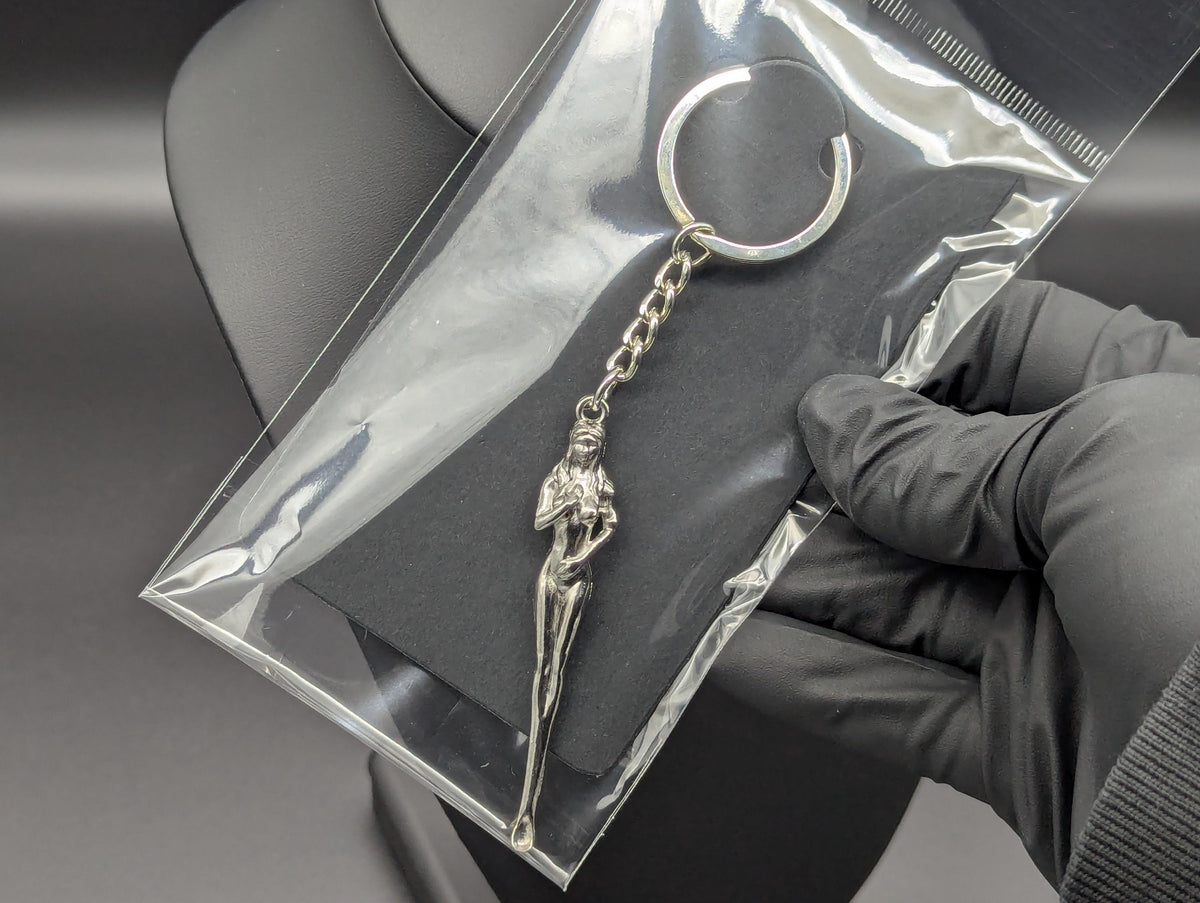 Chrome Silver Finished Alloy Retro Burlesque Risque Nudie Girl Spoon Keyring
