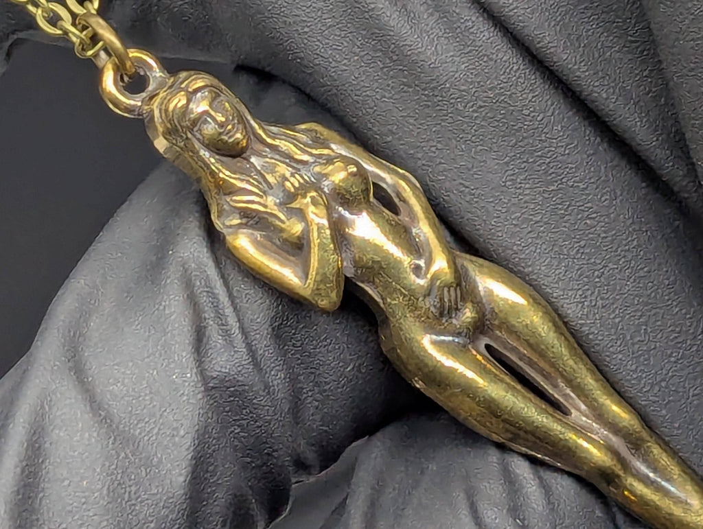 24" Antiqued Bronze Retro Burlesque Risque Nudie Girl Spoon w/ Steel Link EDC Necklace