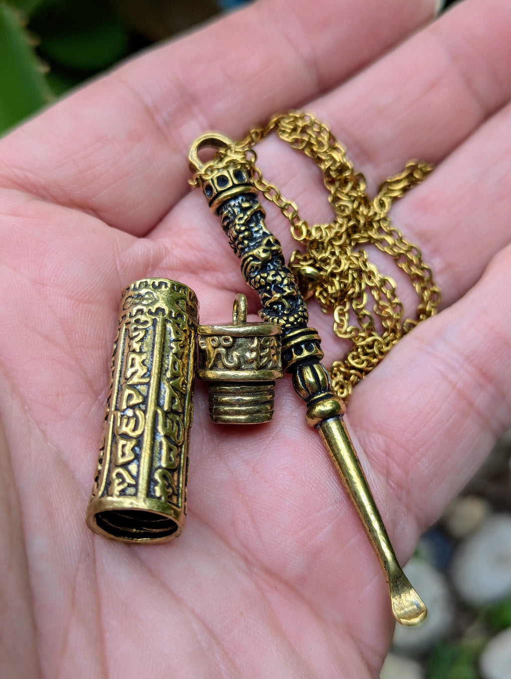 Antiqued Year Of The Dragon Spoon Pendant w/ 22" Gold Toned Chain & Mini Urn Screw Top Jar