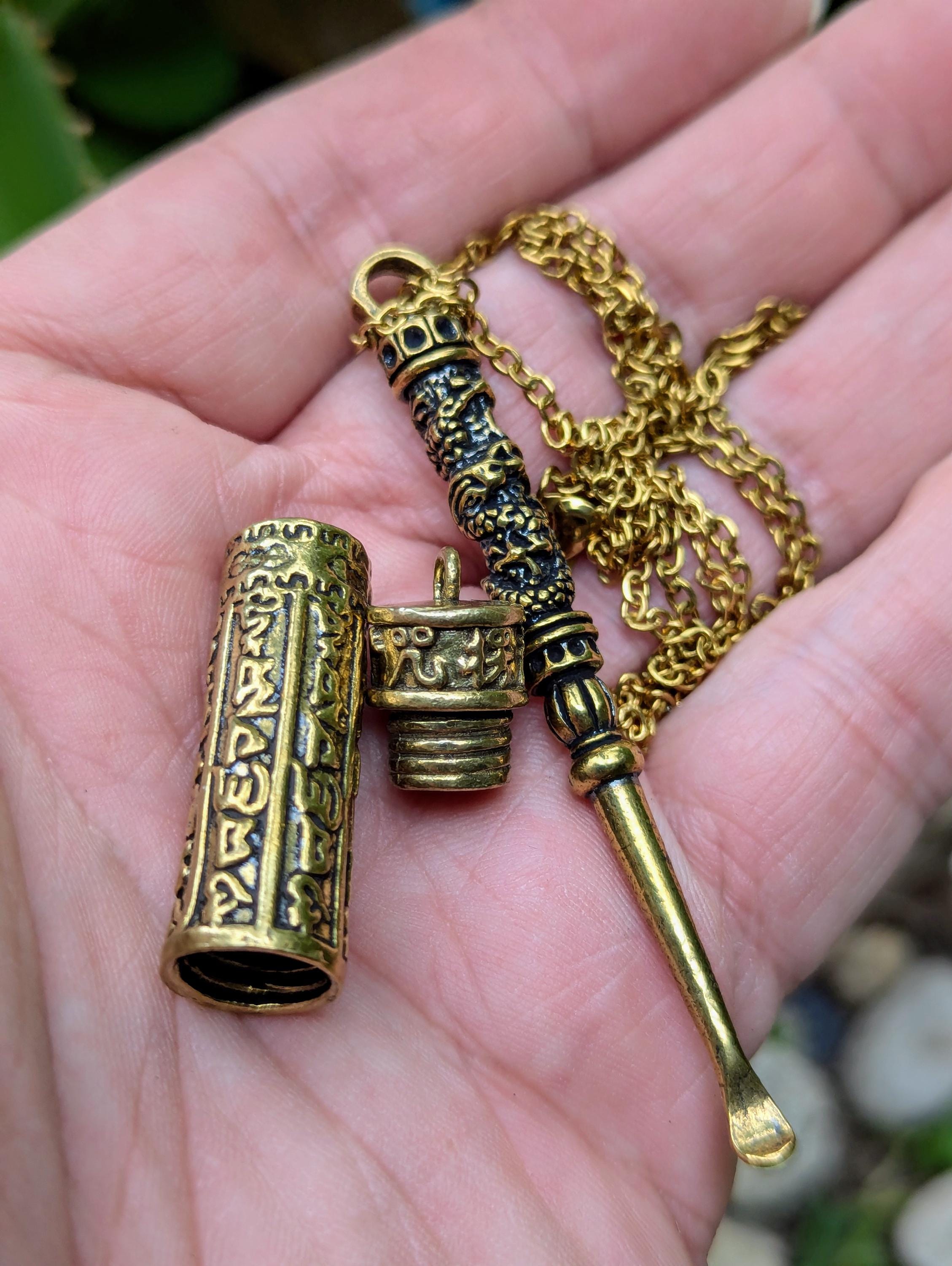Antiqued Year Of The Dragon Spoon Pendant w/ 22" Gold Toned Chain & Mini Urn Screw Top Jar