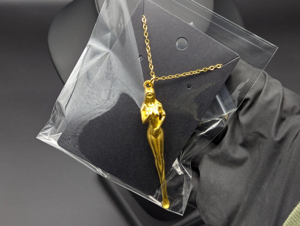 Gold Toned Powder Spell Spoon Mother Nature Pendant w/ Matching 22" Chain & Ornate Brass Magic Urn Screw Top Jar
