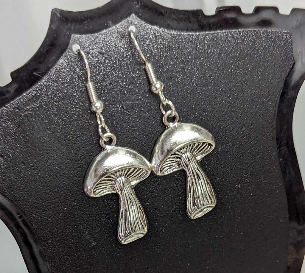 Mushroom Silver Finish Dangling Hook Earrings