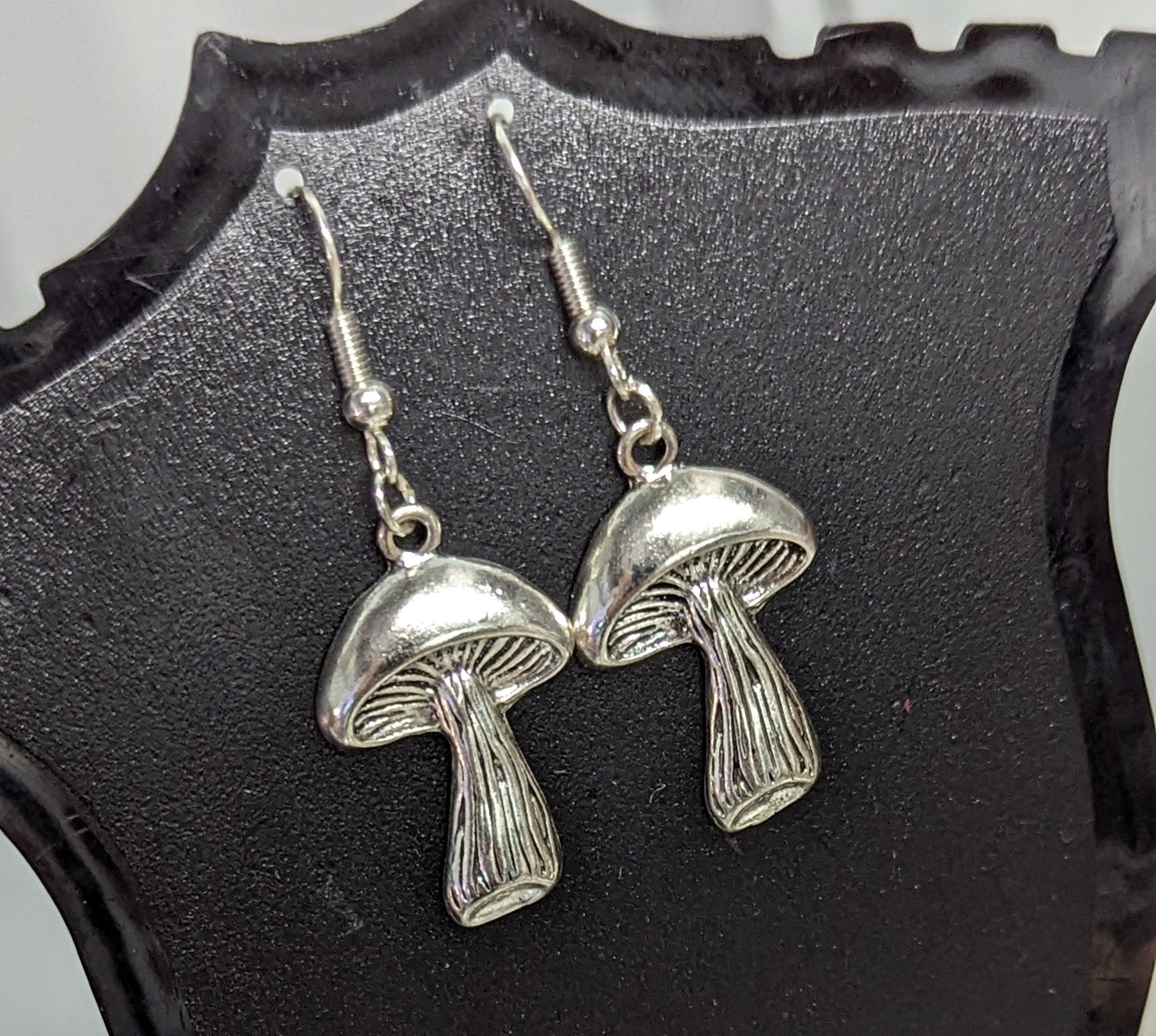Mushroom Silver Finish Dangling Hook Earrings