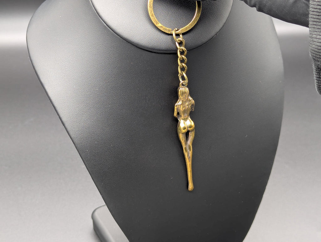 Antiqued Brass Retro Burlesque Risque Nudie Girl Spoon Keyring