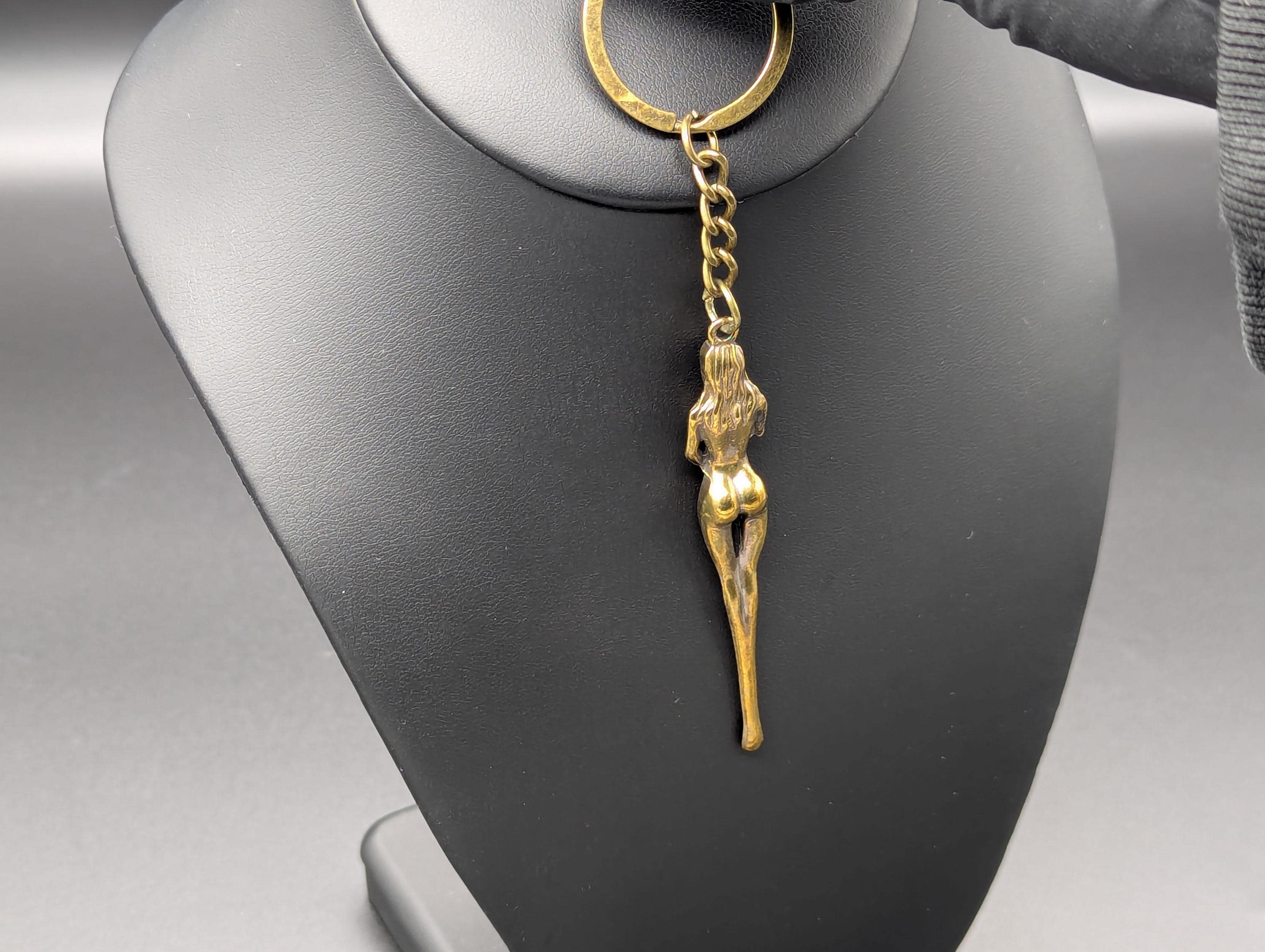 Antiqued Brass Retro Burlesque Risque Nudie Girl Spoon Keyring