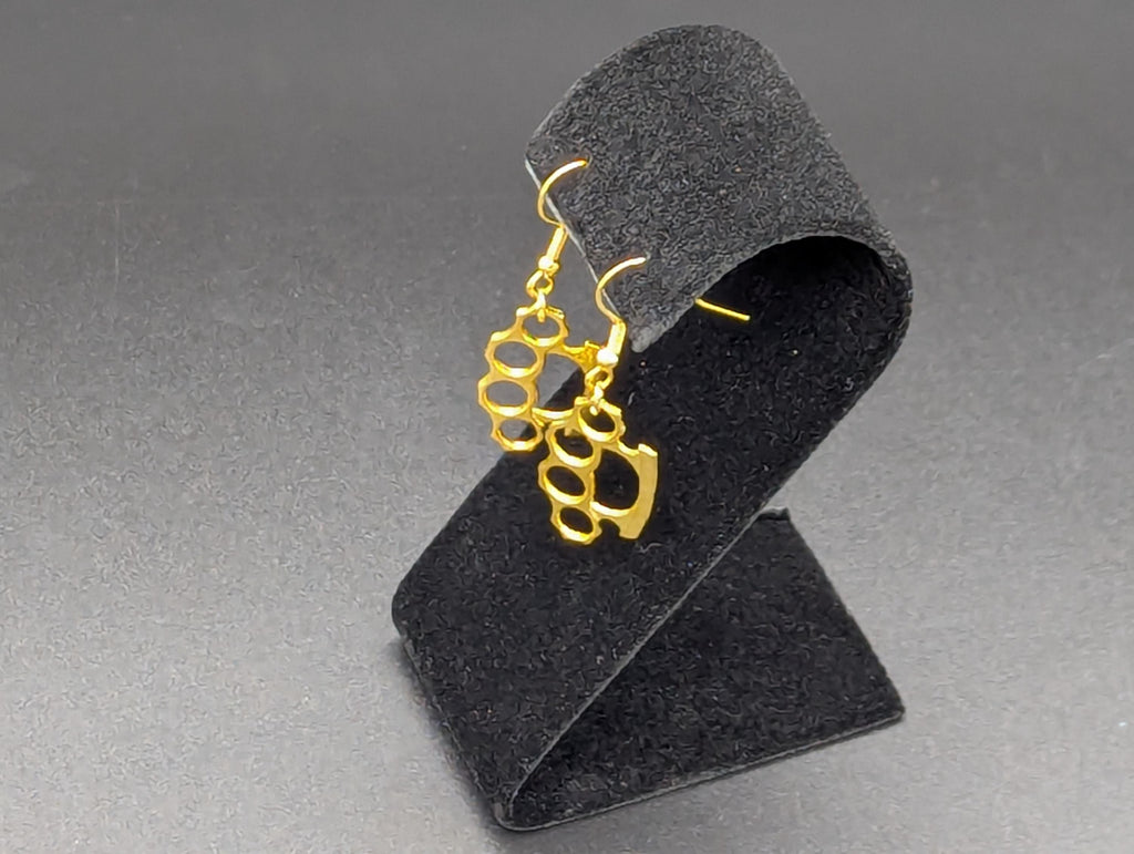 Brass Knuckle Dusters Style Gold Finish Dangling Earring Set