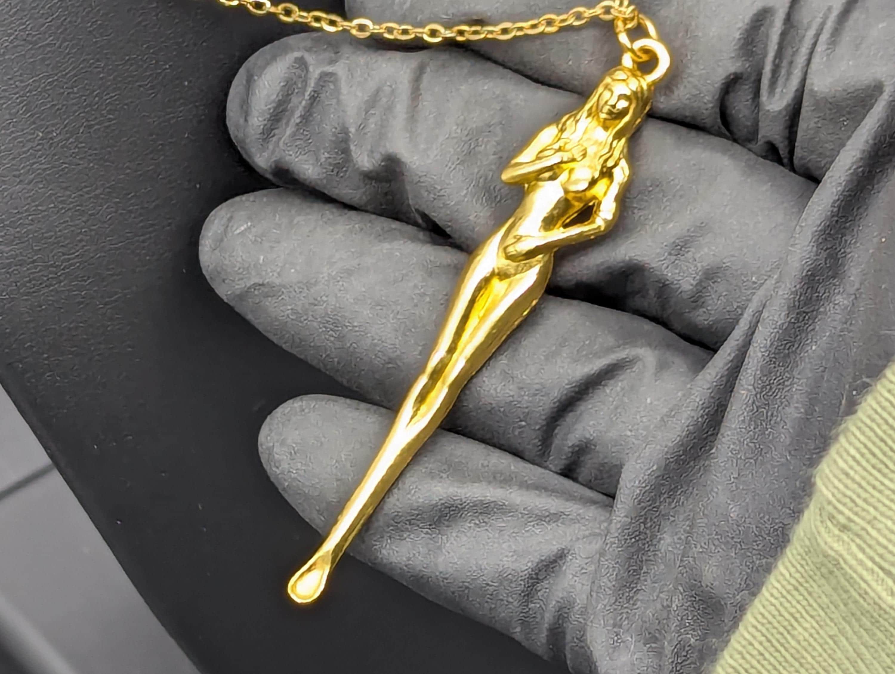 Gold Toned Powder Spell Spoon Mother Nature Pendant w/ Matching 22" Chain & Ornate Brass Magic Urn Screw Top Jar