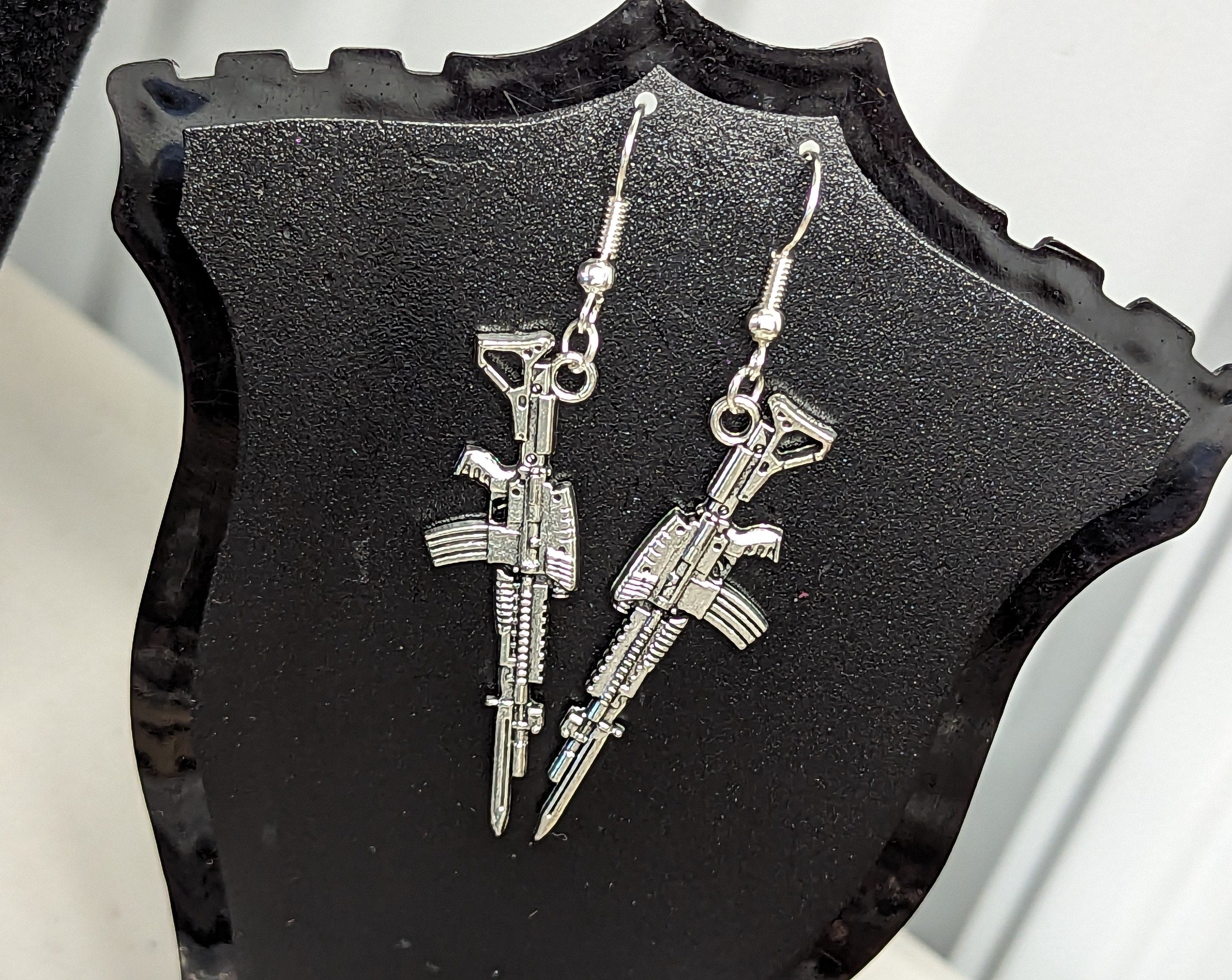Bayonet Rifle Style Silver Finish Dangling Hook Earrings