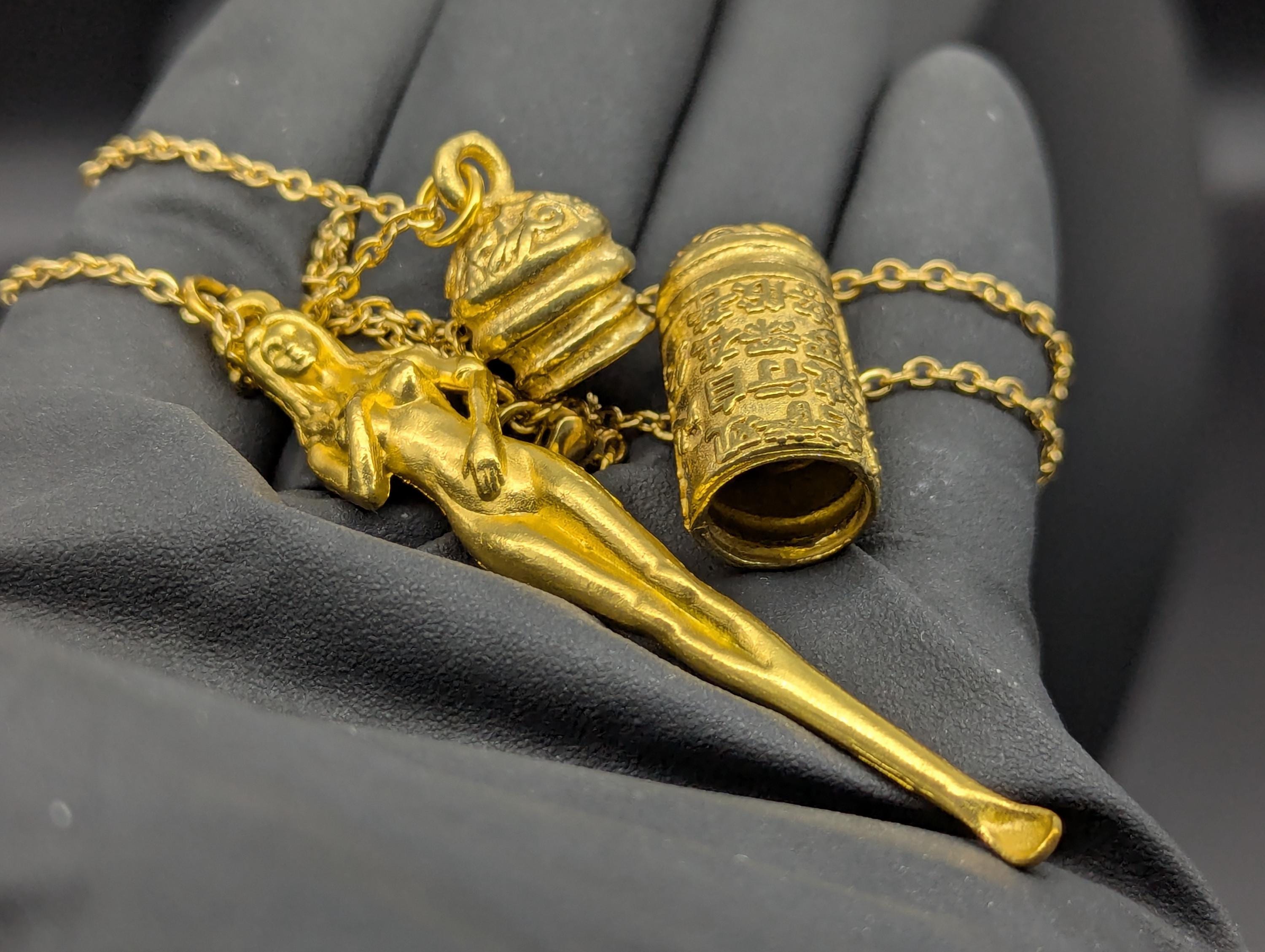 Golden Chalice Powder Spell Spoon Mother Nature Pendant w/ Matching 21" Chain & Ornate Brass Magic Ash Urn Buddha Screw Top Jar