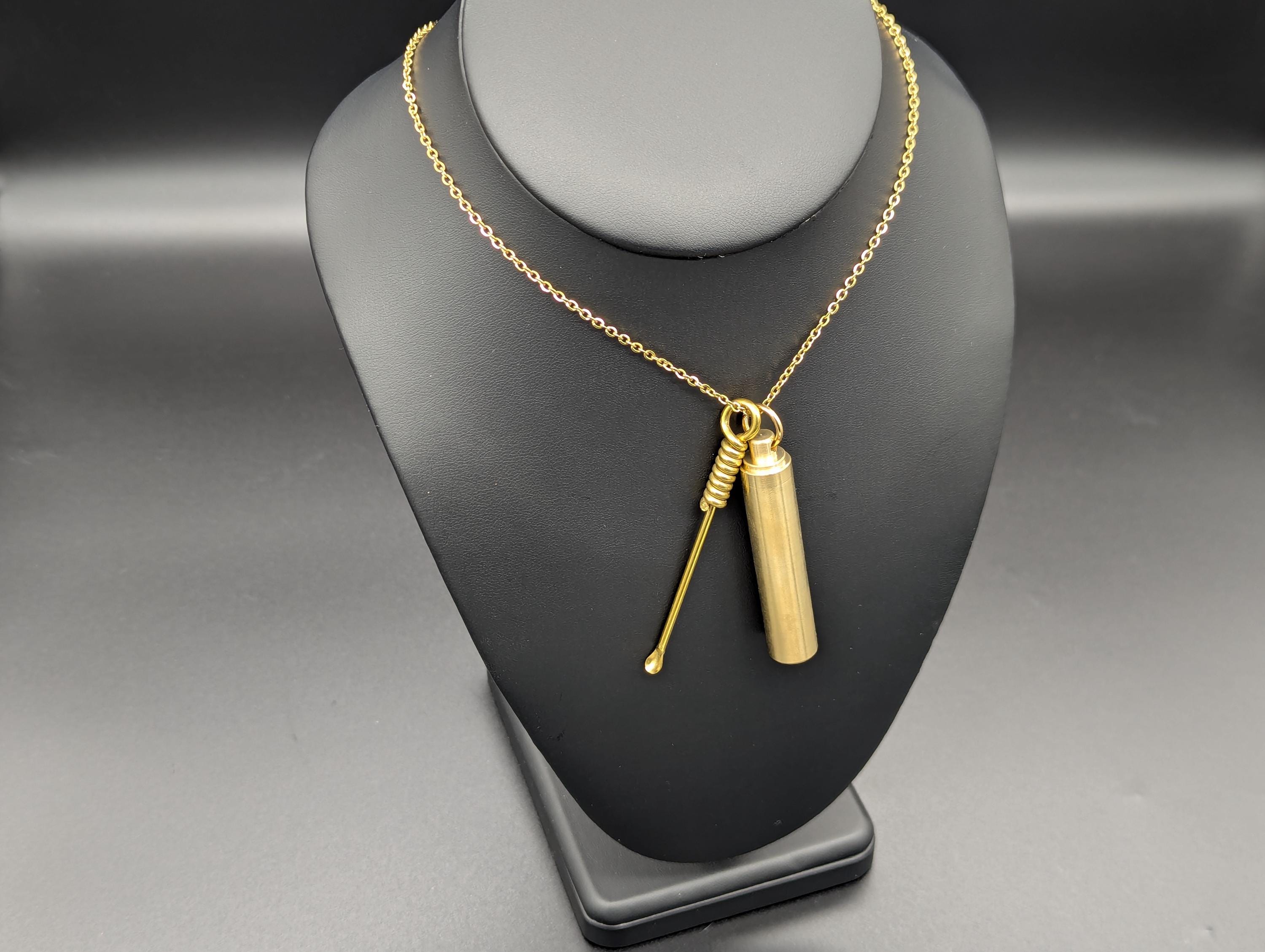 Gold Toned Spoon Pendant w/ Matching 22" Chain & Large Brass Jar