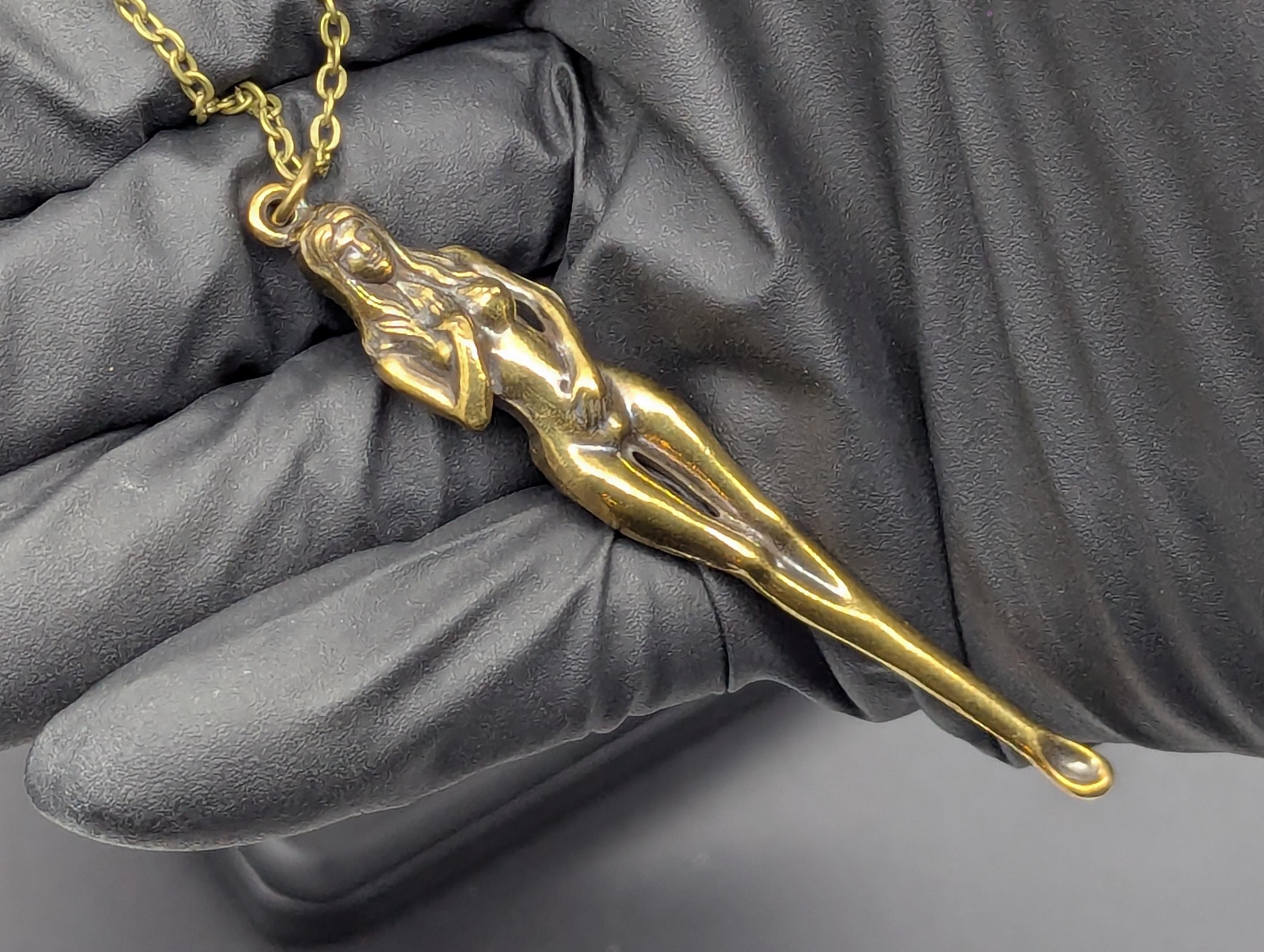24" Antiqued Bronze Retro Burlesque Risque Nudie Girl Spoon w/ Steel Link EDC Necklace