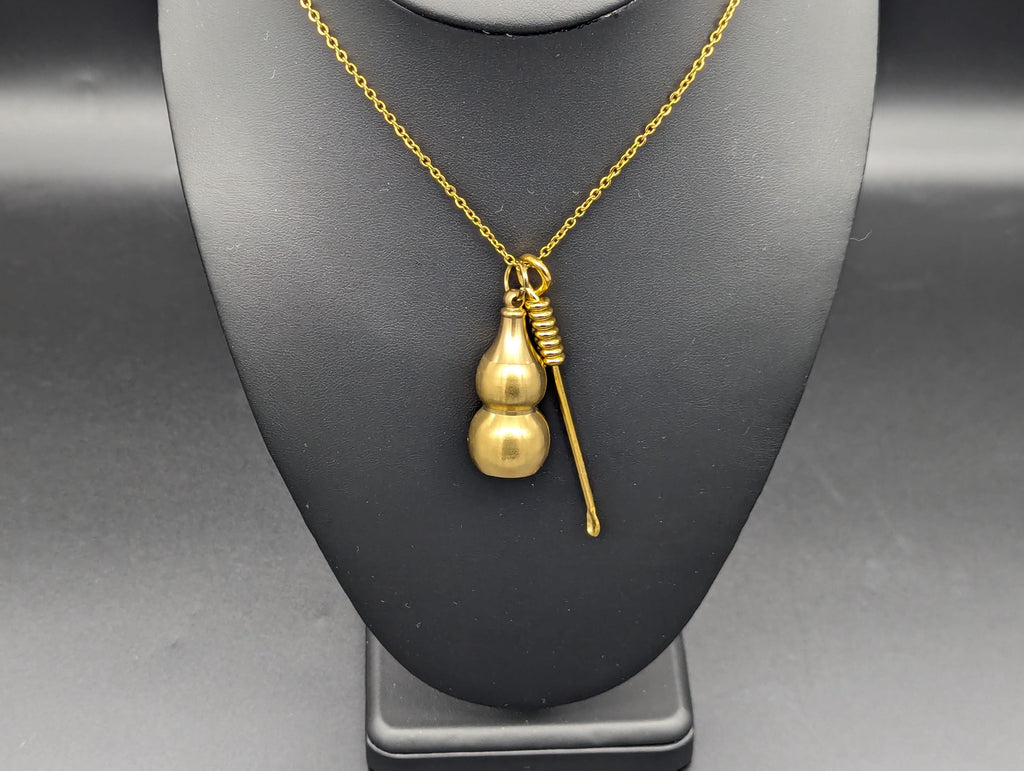 Gold Wire Wrapped Spoon Pendant w/ Matching 22" Chain & XL Large Screw Top Magic Powder Brass Jar