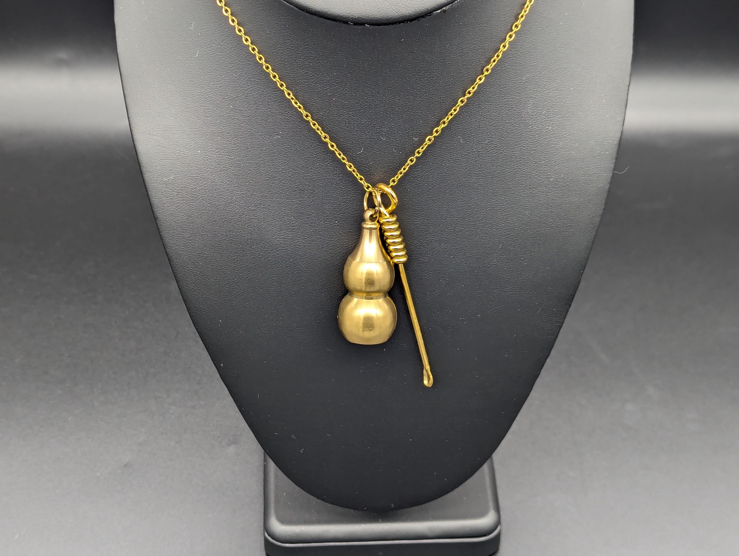 Gold Wire Wrapped Spoon Pendant w/ Matching 22" Chain & XL Large Screw Top Magic Powder Brass Jar