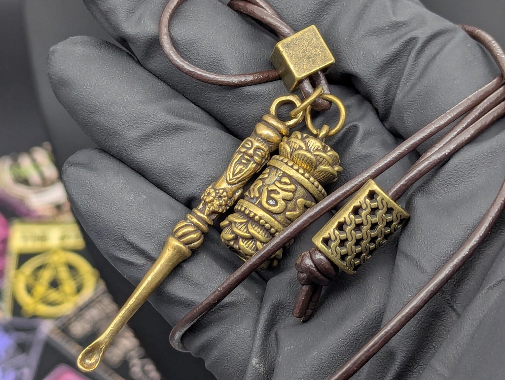 Brown Leather Cord Necklace: Brass Jar & Mini Spoon - Fu Man Chu Style