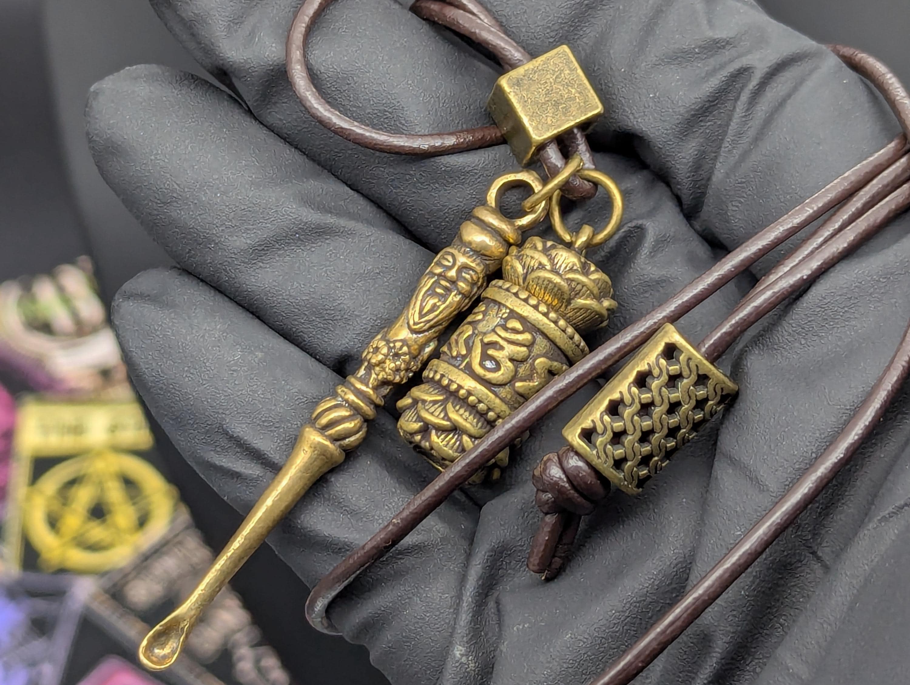 Brown Leather Cord Necklace: Brass Jar & Mini Spoon - Fu Man Chu Style