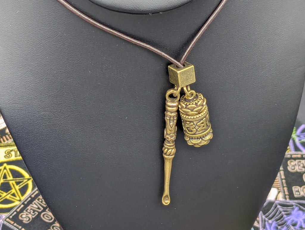 Brown Leather Cord Necklace: Brass Jar & Mini Spoon - Fu Man Chu Style