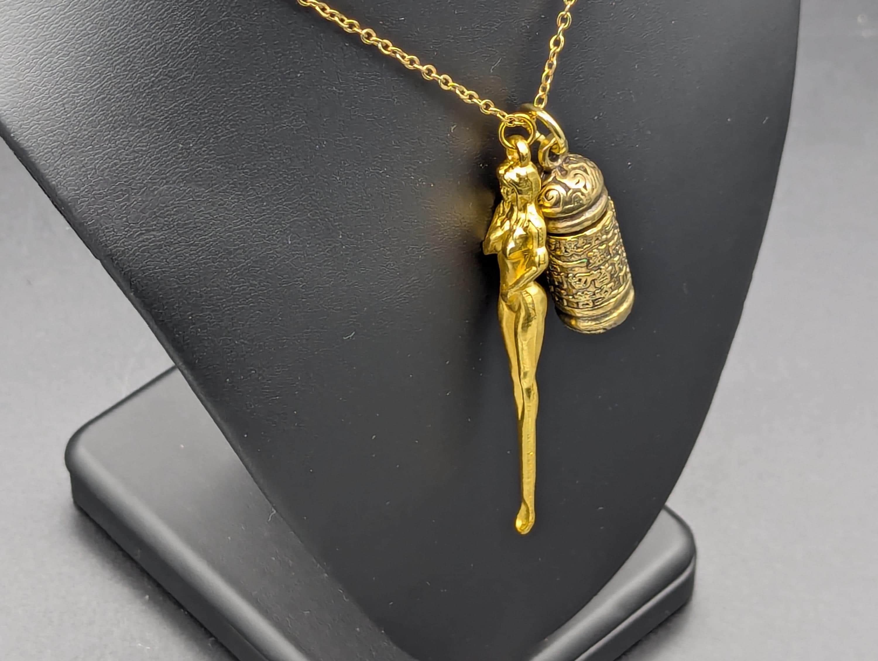 Gold Toned Powder Spell Spoon Mother Nature Pendant w/ Matching 22" Chain & Ornate Brass Magic Urn Screw Top Jar