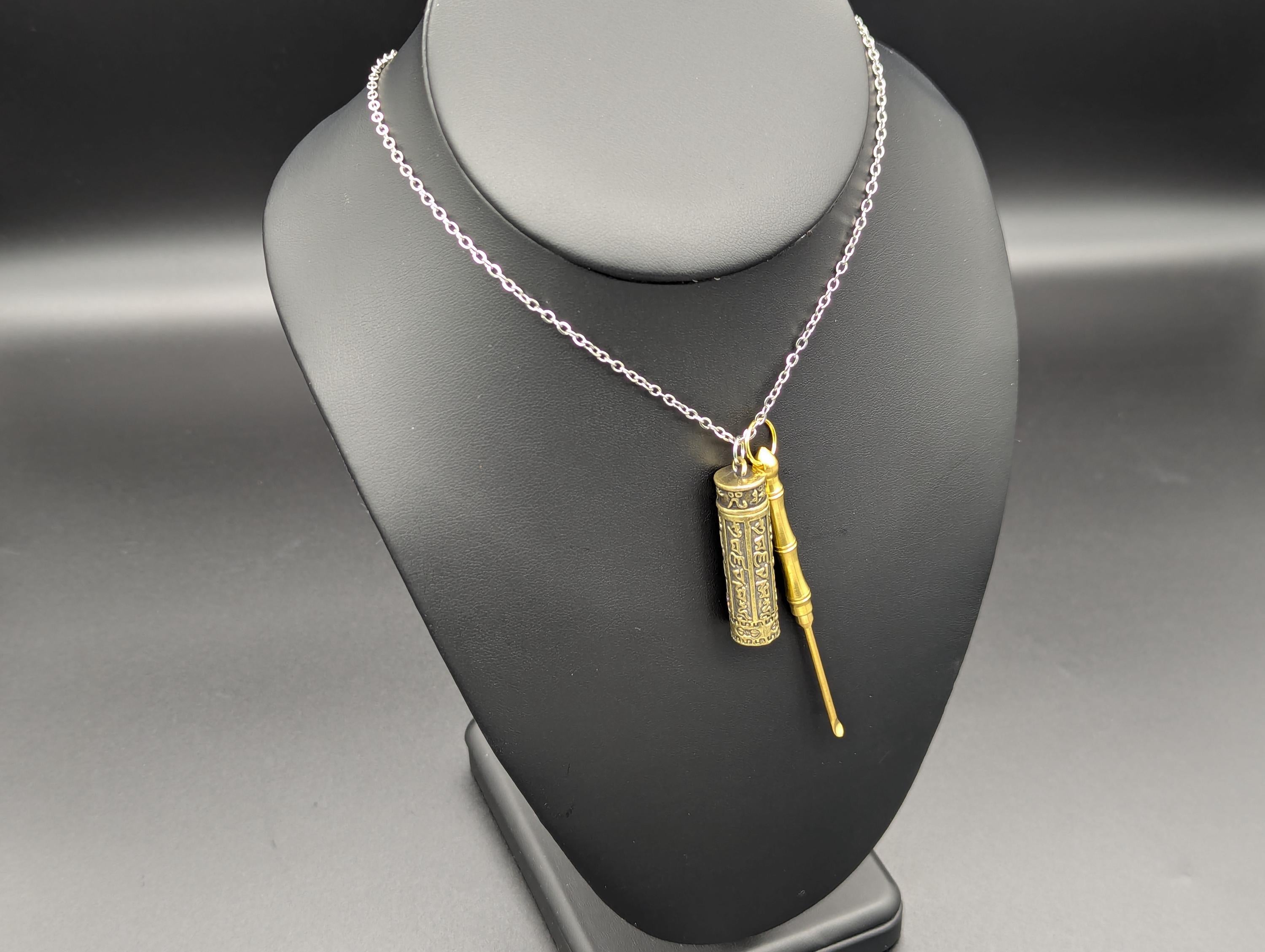 Brass Combo Pick And Mini Spoon Pendant w/ 22" Chain & Brass Jar