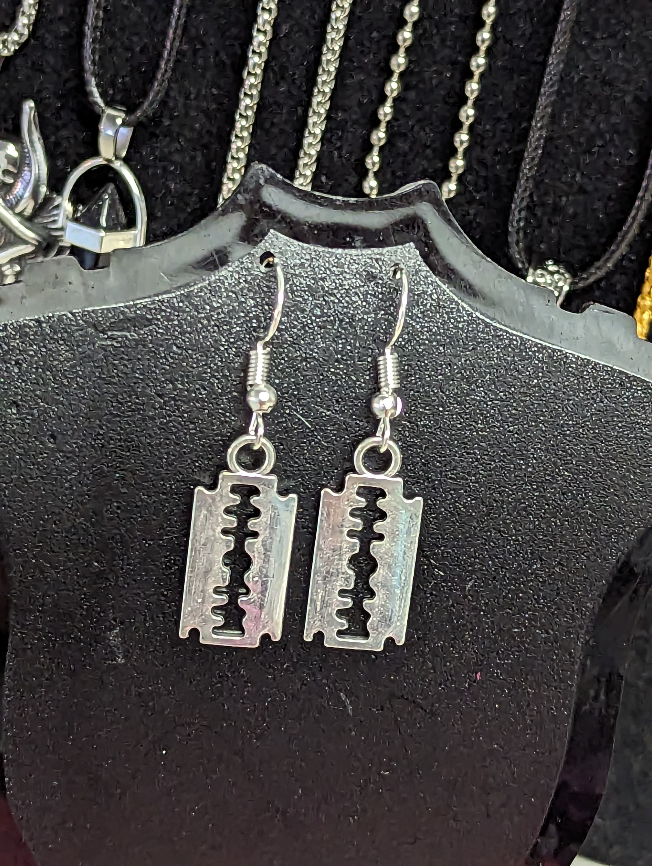 Faux Razor Blade Style Silver Finish Dangling Earring Set