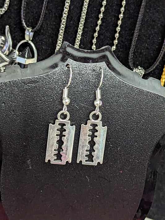 Faux Razor Blade Style Silver Finish Dangling Earring Set