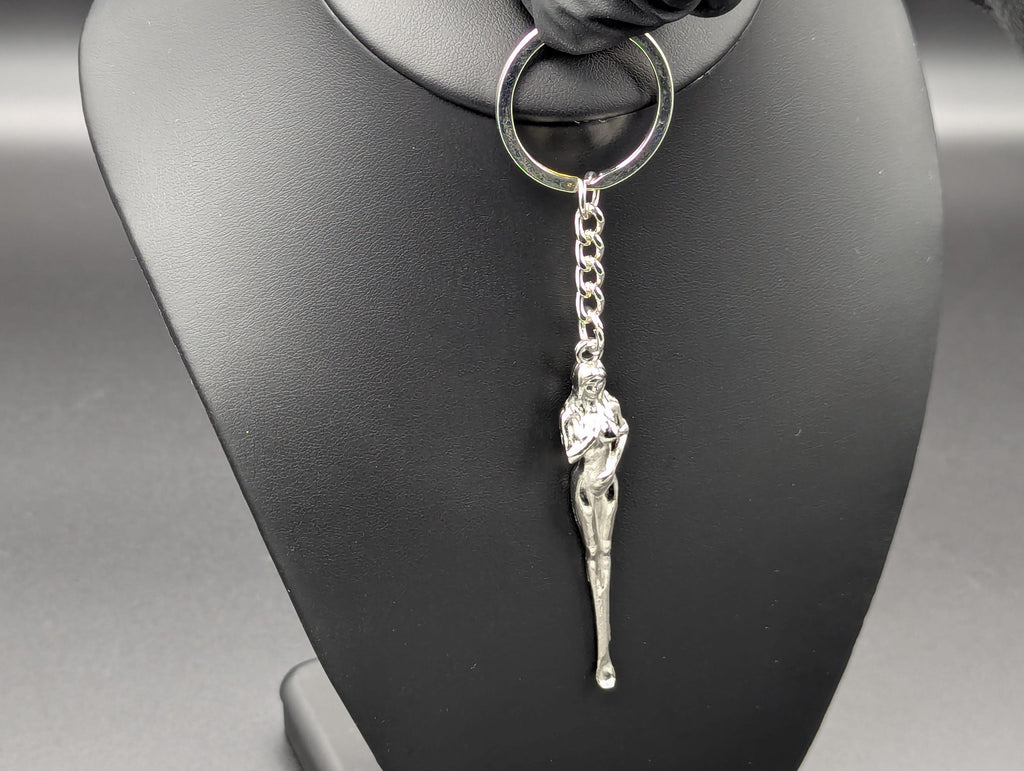 Chrome Silver Finished Alloy Retro Burlesque Risque Nudie Girl Spoon Keyring
