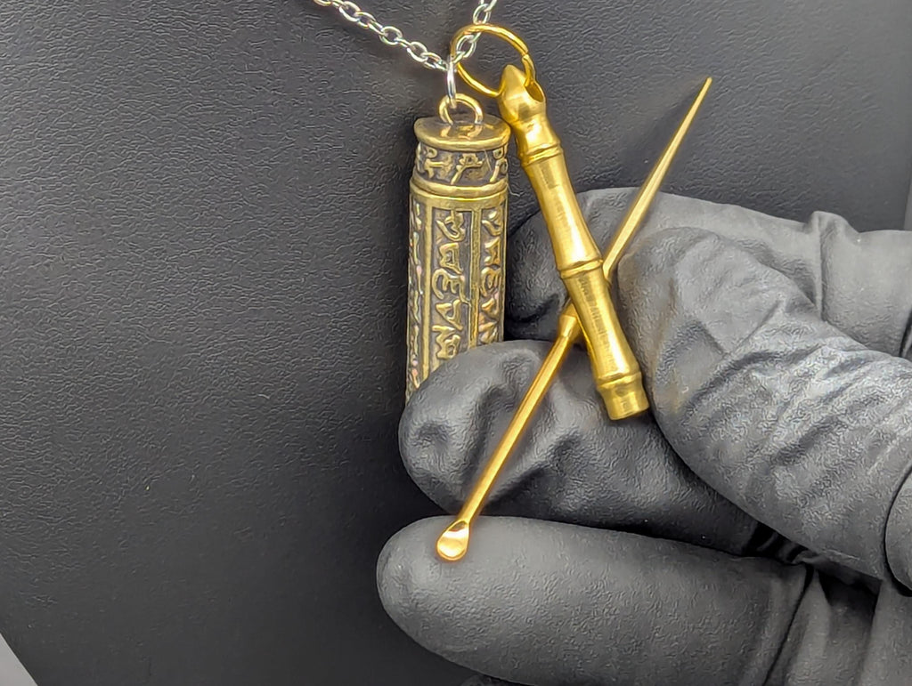 Brass Combo Pick And Mini Spoon Pendant w/ 22" Chain & Brass Jar
