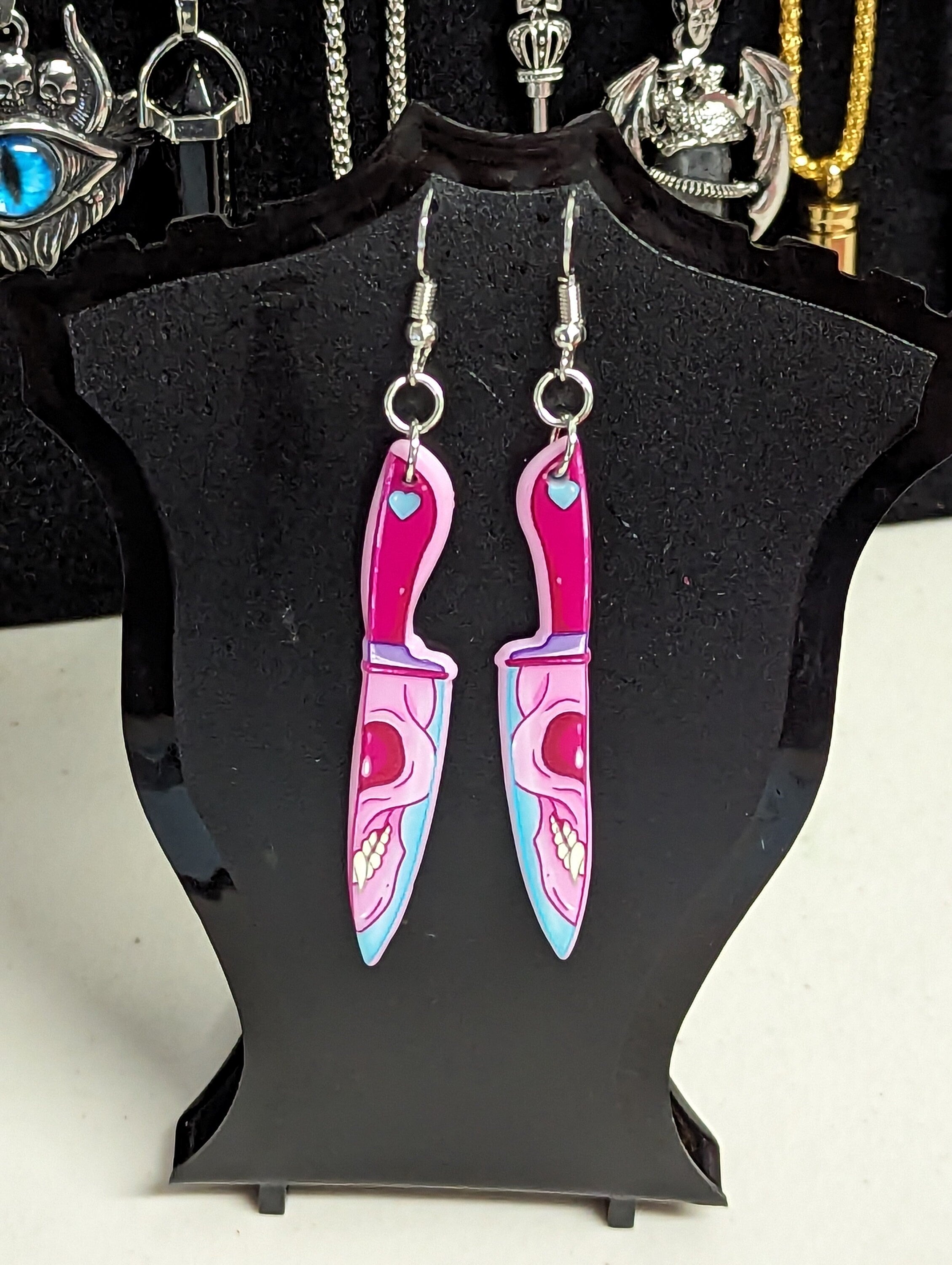 Pink On Pink Skull Butcher Style Halloween Dangling Earring Set