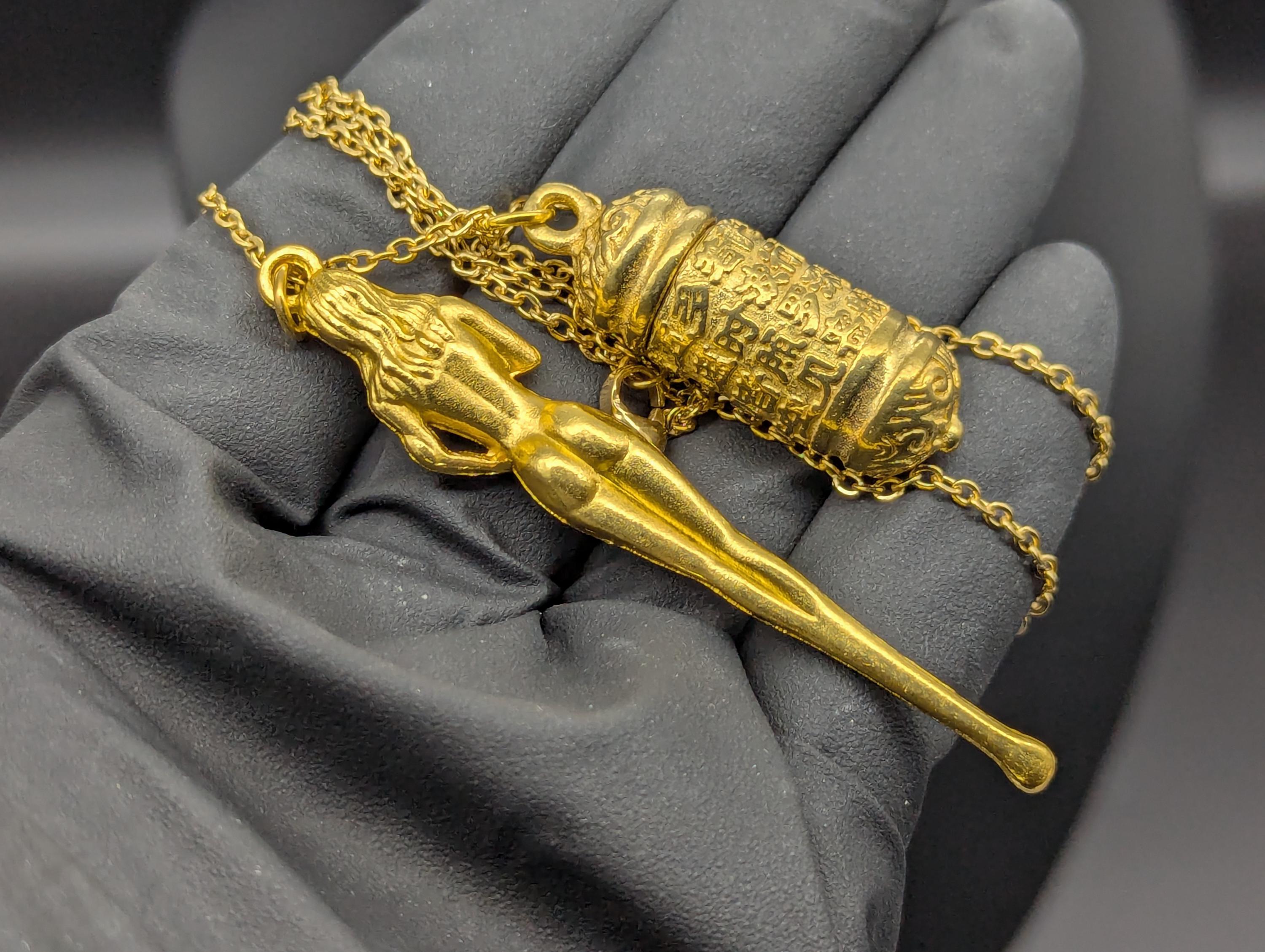 Golden Chalice Powder Spell Spoon Mother Nature Pendant w/ Matching 21" Chain & Ornate Brass Magic Ash Urn Buddha Screw Top Jar