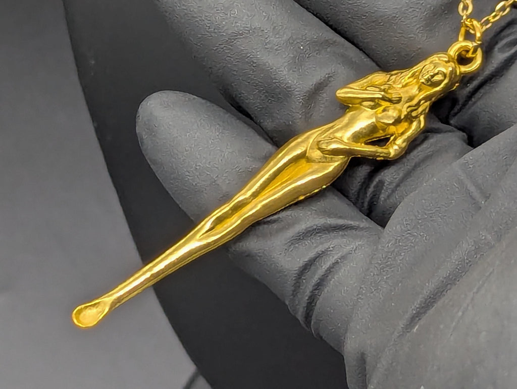 22" Gold Tone Retro Burlesque Risque Nudie Girl Spoon w/ Steel Link EDC Necklace