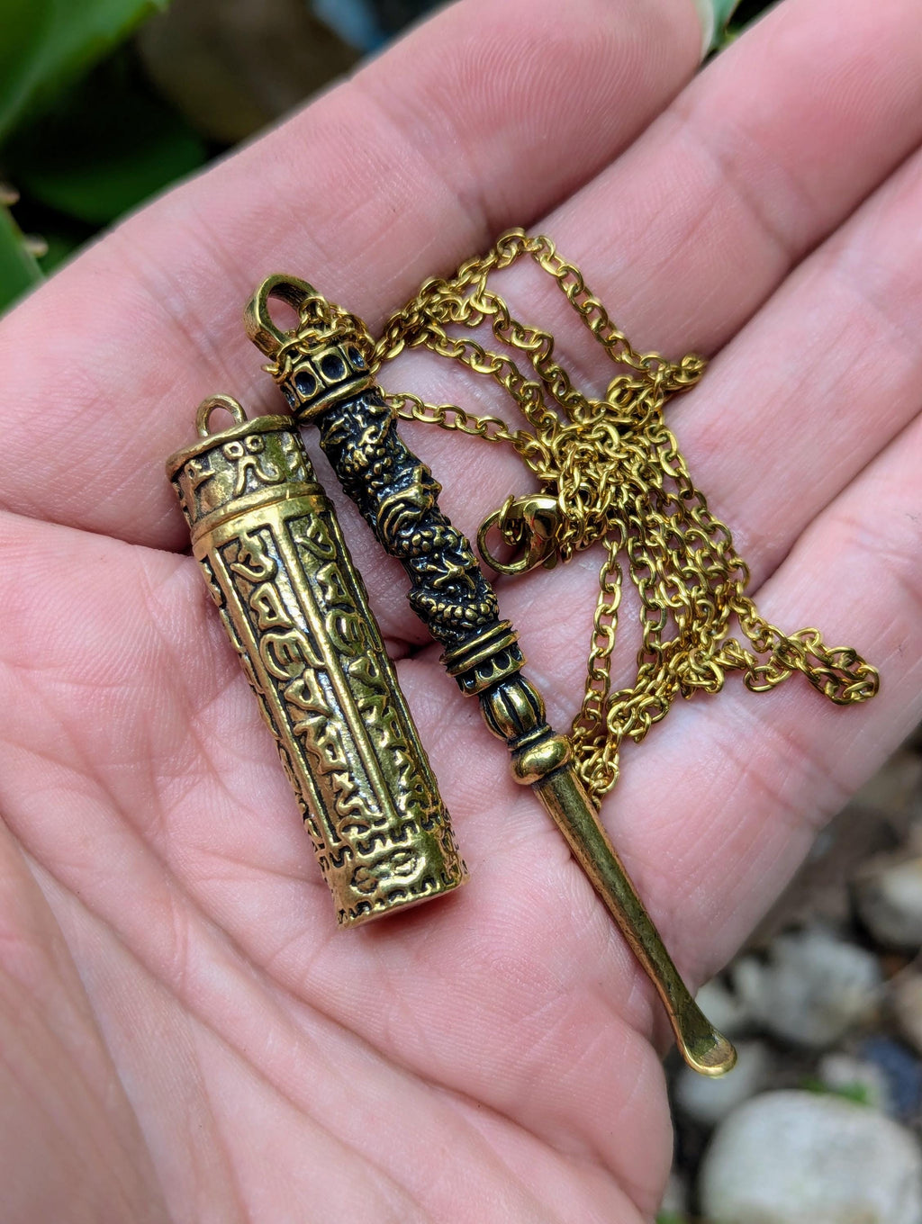Antiqued Year Of The Dragon Spoon Pendant w/ 22" Gold Toned Chain & Mini Urn Screw Top Jar