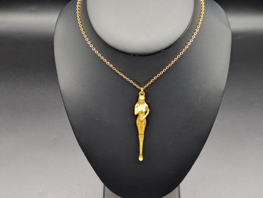 22" Gold Tone Retro Burlesque Risque Nudie Girl Spoon w/ Steel Link EDC Necklace