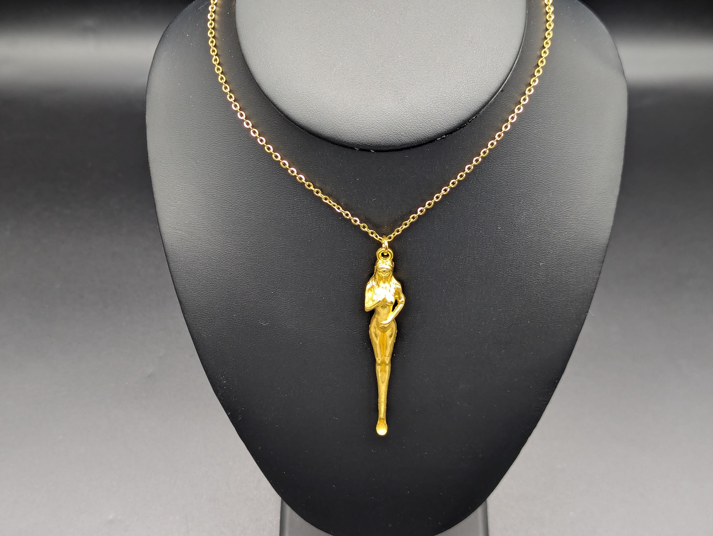22" Gold Tone Retro Burlesque Risque Nudie Girl Spoon w/ Steel Link EDC Necklace