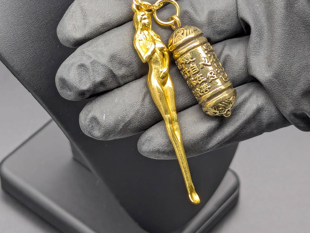 Gold Toned Powder Spell Spoon Mother Nature Pendant w/ Matching 22" Chain & Ornate Brass Magic Urn Screw Top Jar