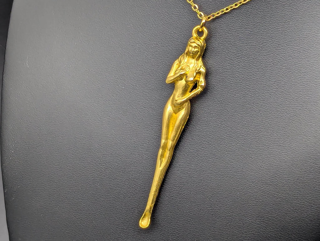 22" Gold Tone Retro Burlesque Risque Nudie Girl Spoon w/ Steel Link EDC Necklace