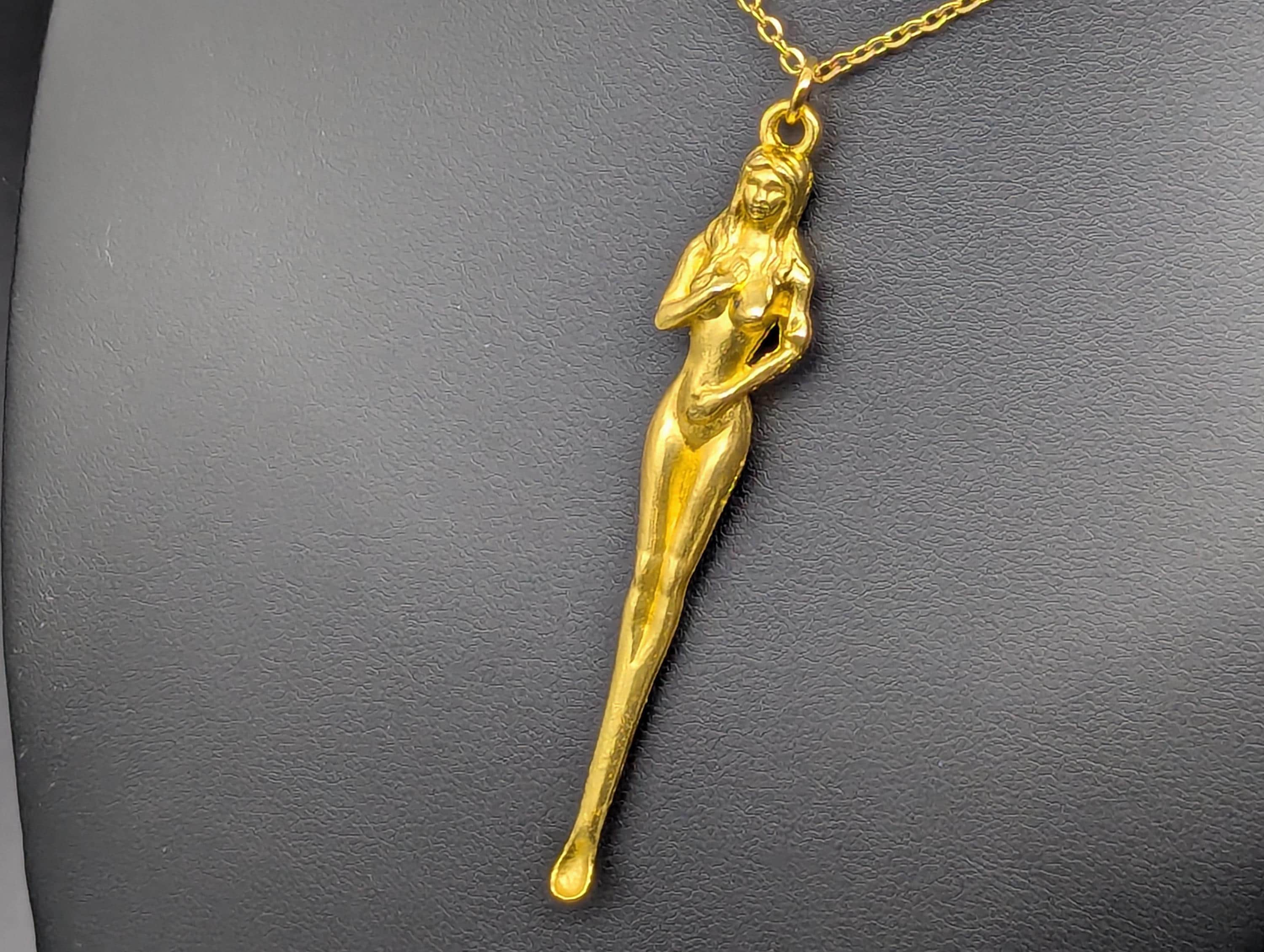 22" Gold Tone Retro Burlesque Risque Nudie Girl Spoon w/ Steel Link EDC Necklace