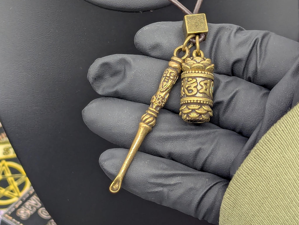 Brown Leather Cord Necklace: Brass Jar & Mini Spoon - Fu Man Chu Style