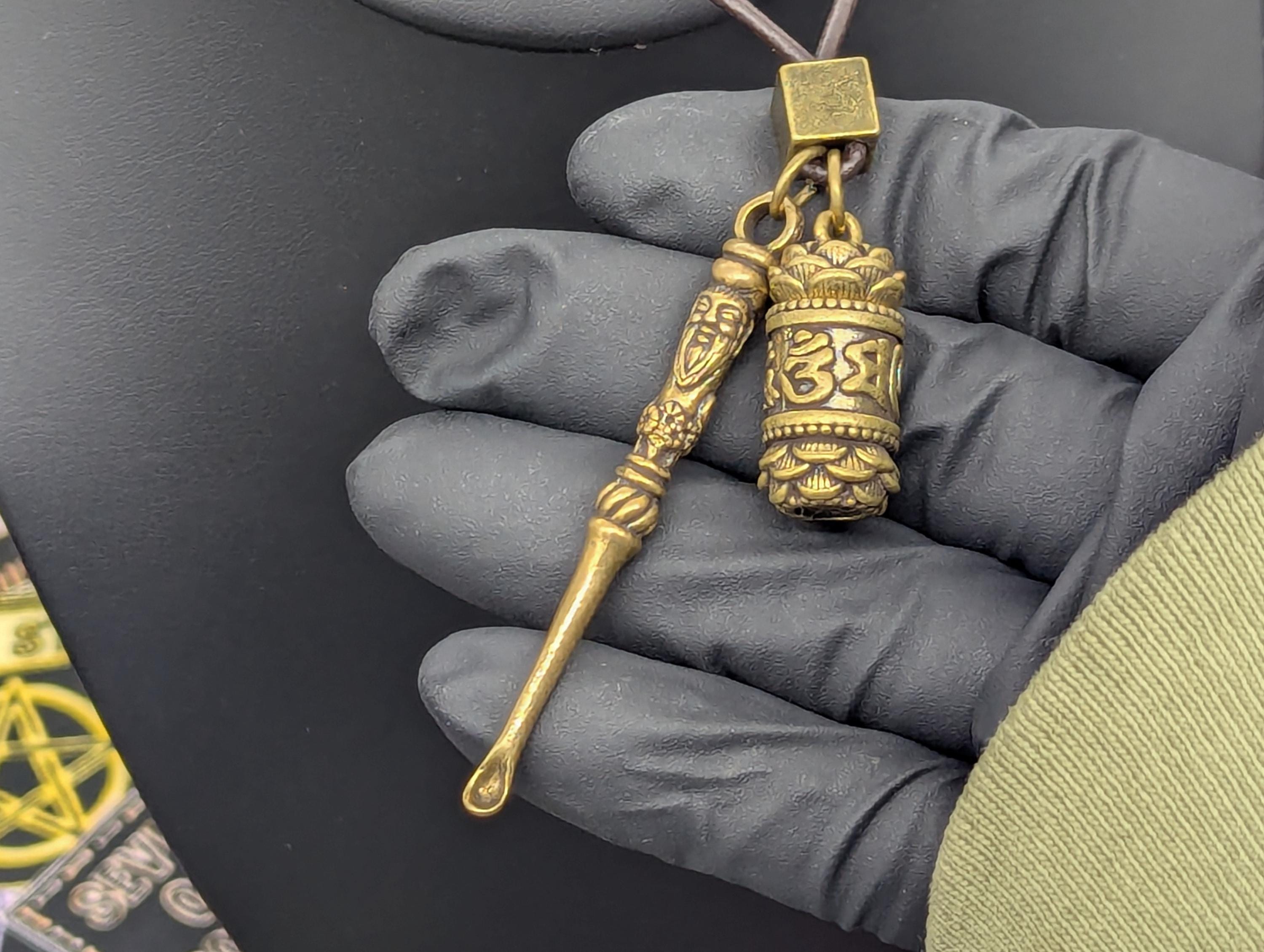 Brown Leather Cord Necklace: Brass Jar & Mini Spoon - Fu Man Chu Style