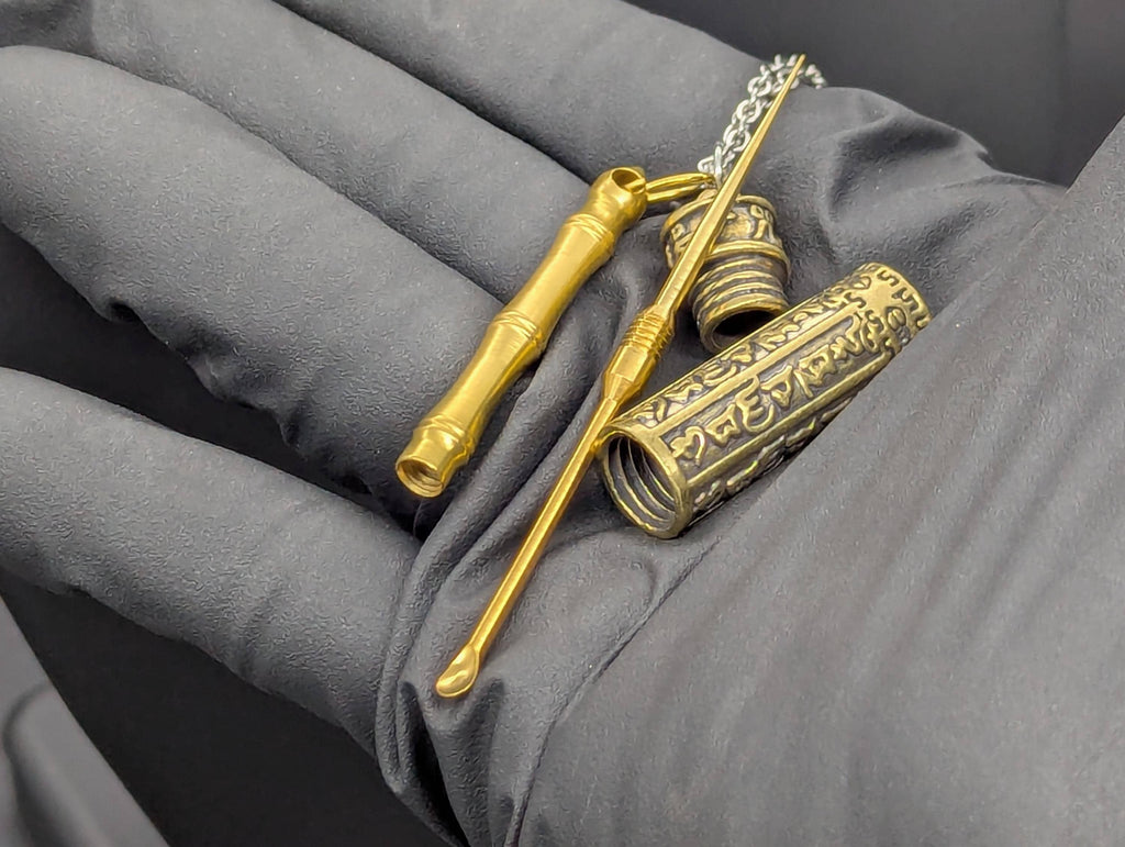 Brass Combo Pick And Mini Spoon Pendant w/ 22" Chain & Brass Jar