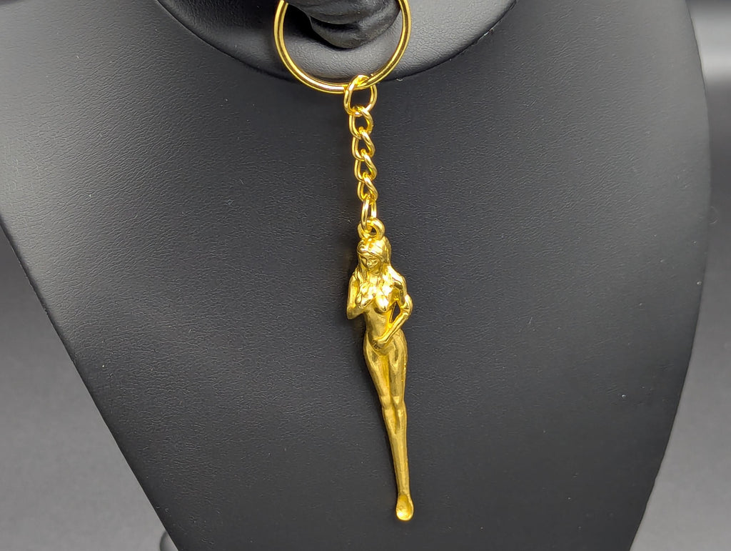 Gold Tone Retro Burlesque Risque Nudie Girl Spoon Keyring