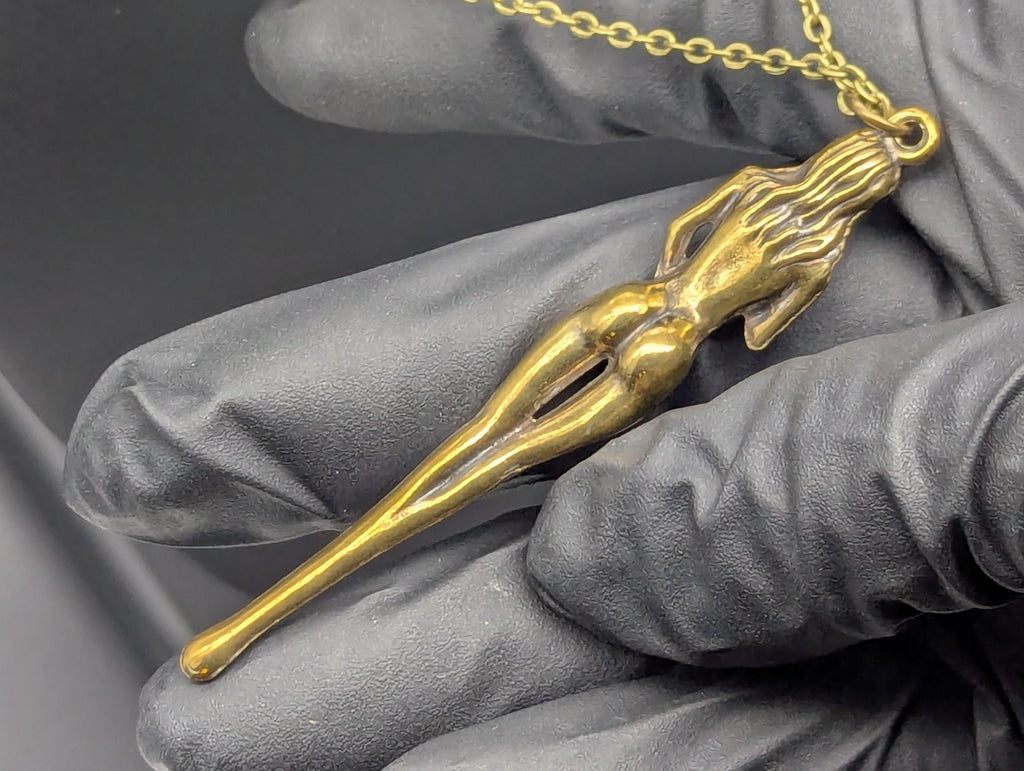 24" Antiqued Bronze Retro Burlesque Risque Nudie Girl Spoon w/ Steel Link EDC Necklace