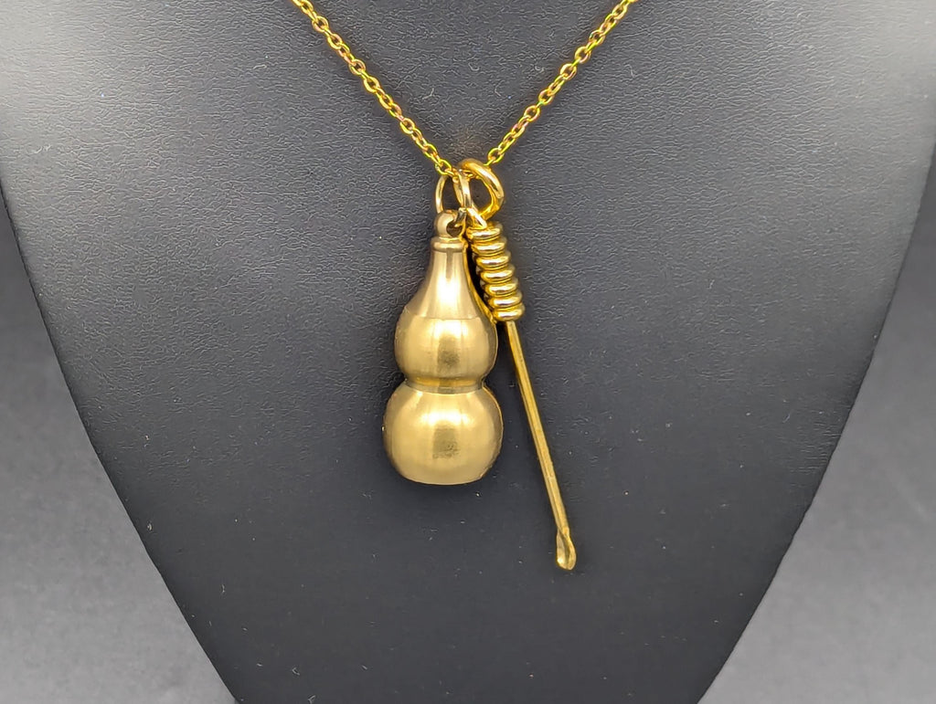 Gold Wire Wrapped Spoon Pendant w/ Matching 22" Chain & XL Large Screw Top Magic Powder Brass Jar
