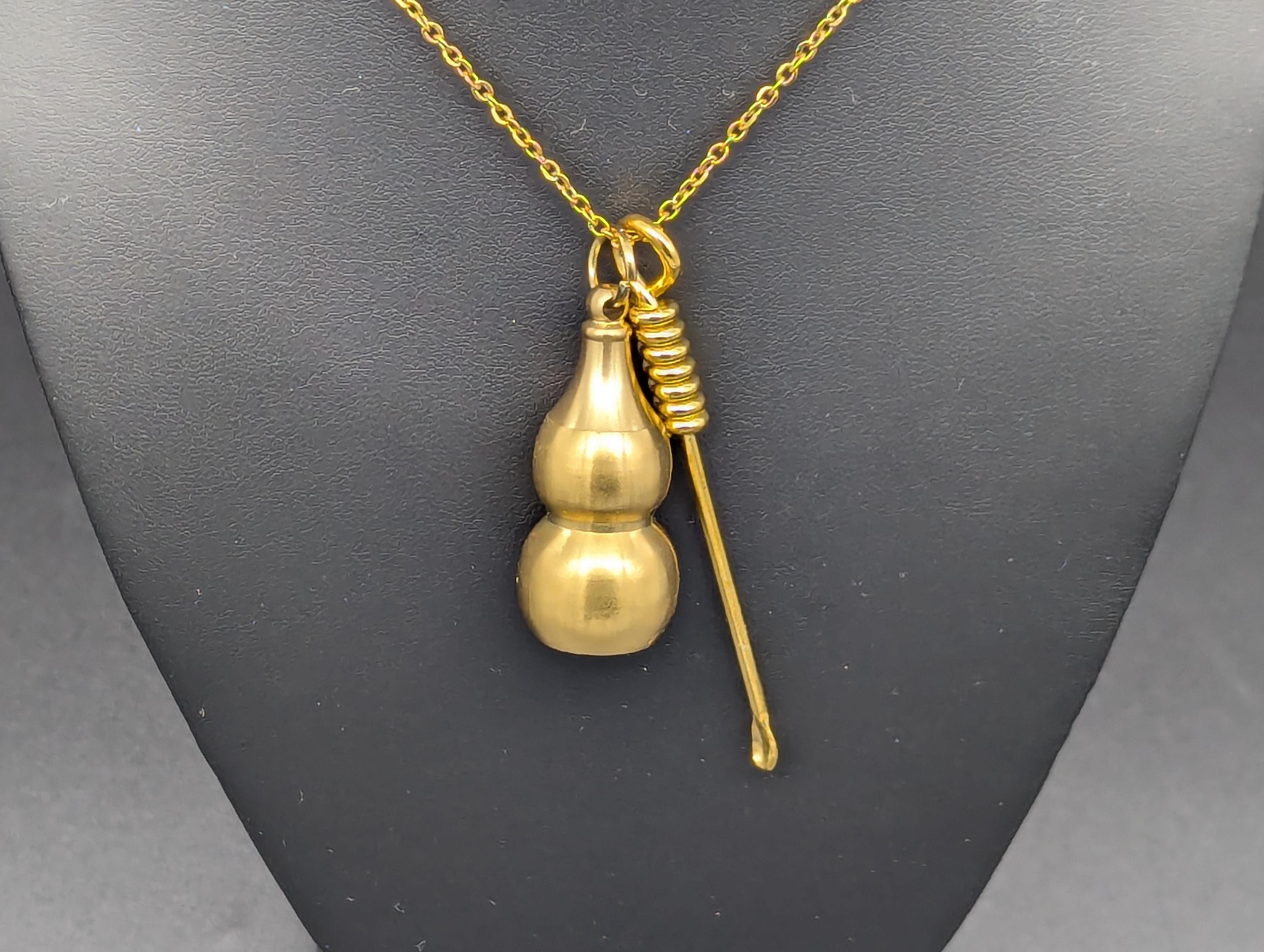 Gold Wire Wrapped Spoon Pendant w/ Matching 22" Chain & XL Large Screw Top Magic Powder Brass Jar